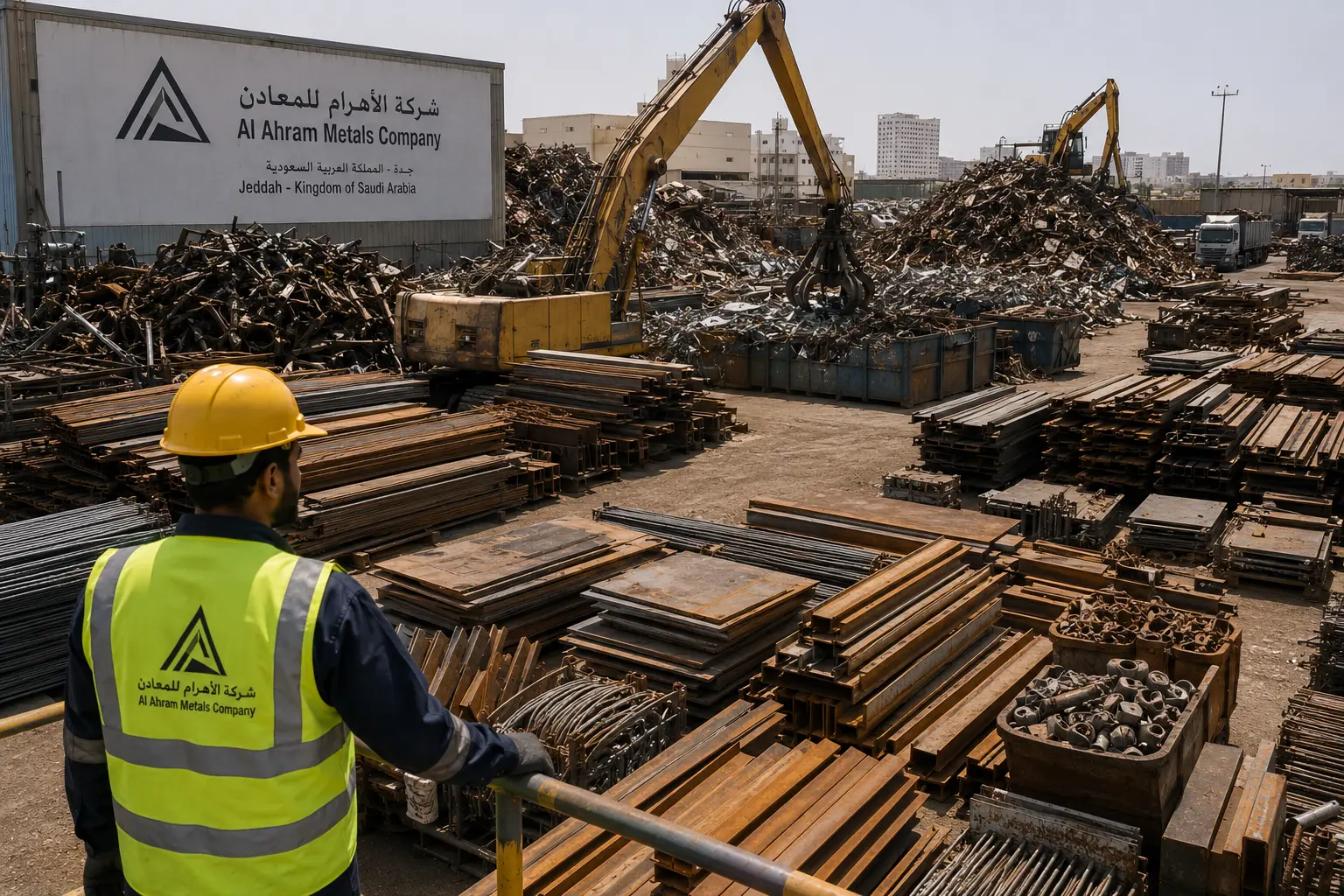 Metal scrap yard with sorted steel piles